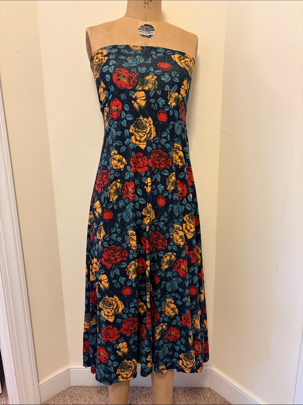 LuLaRoe Strapless Navy Midi Dress with Red & Yellow Floral Print
